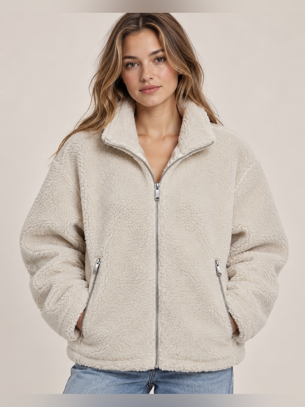 NWT Calvin Klein Jeans Sherpa Teddy Fleece Jacket Chalk Size M